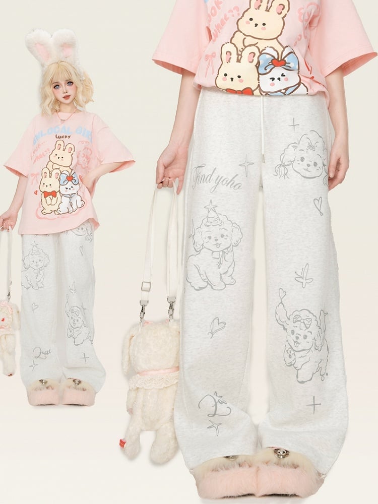 Graue, gerade geschnittene Jogginghose mit Welpen-Print