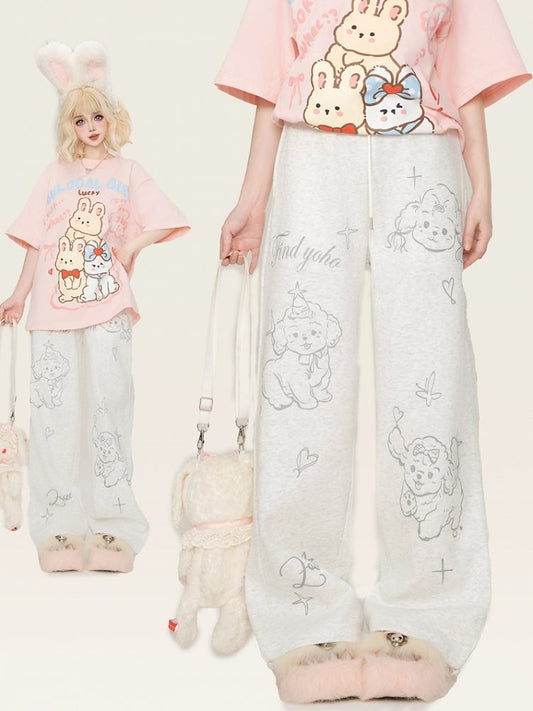 Graue, gerade geschnittene Jogginghose mit Welpen-Print