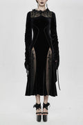 Black Velvet Fitted Dress with Flocking Flared Sleeves