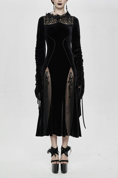 Black Velvet Fitted Dress with Flocking Flared Sleeves