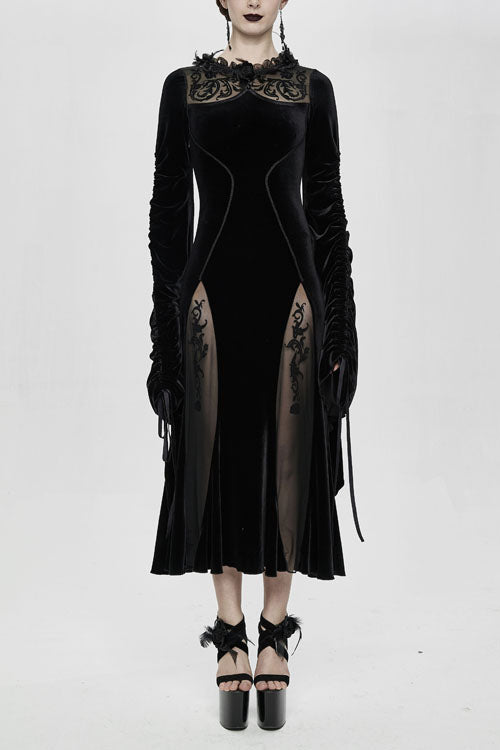 Black Velvet Fitted Dress with Flocking Flared Sleeves