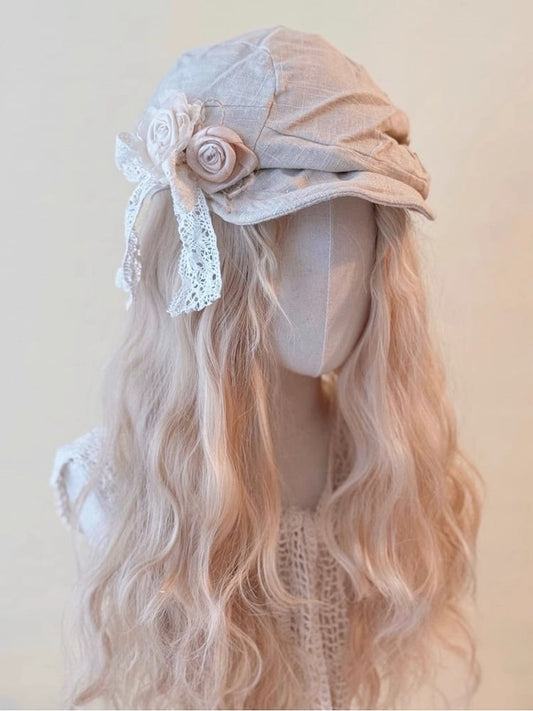 Fabric Bow and Newsboy Hat Decorated Wasteland Lace Flower