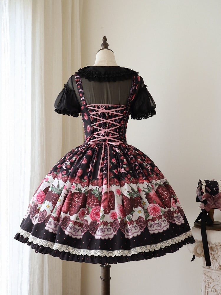 Floral Strawberry Rose Print Black Puff Sleeve JSK