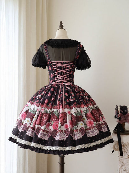 Floral Strawberry Rose Print Black Puff Sleeve JSK
