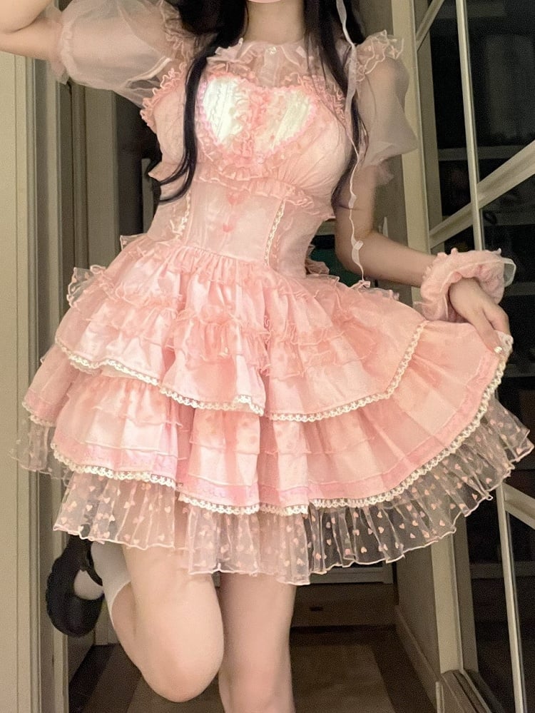Pink Pattern Polka-dot Heart Sweet Ruffled Heart Front Lolita Dress
