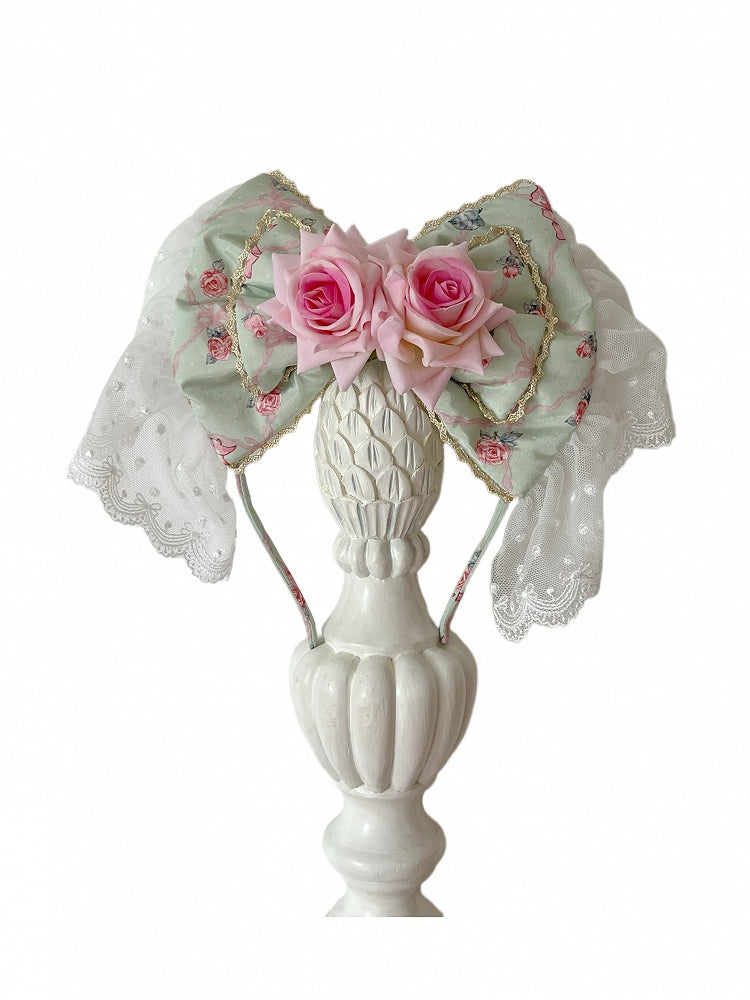 Pink / Green Roses Decorated Bowknot KC