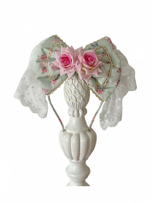 Pink / Green Roses Decorated Bowknot KC