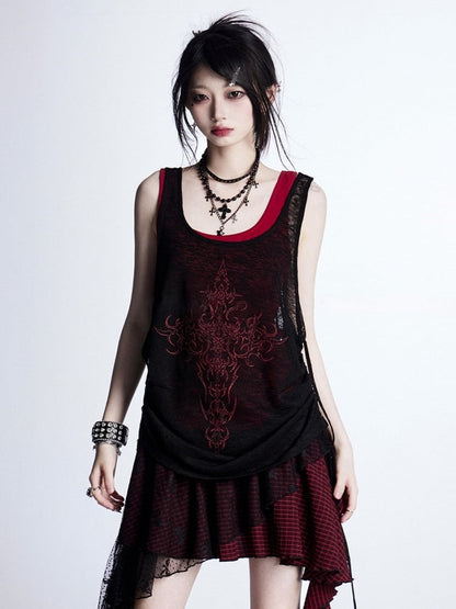 Tank Cross Black Print Red Adjustable with Drawstrings Top Semi-Sheer