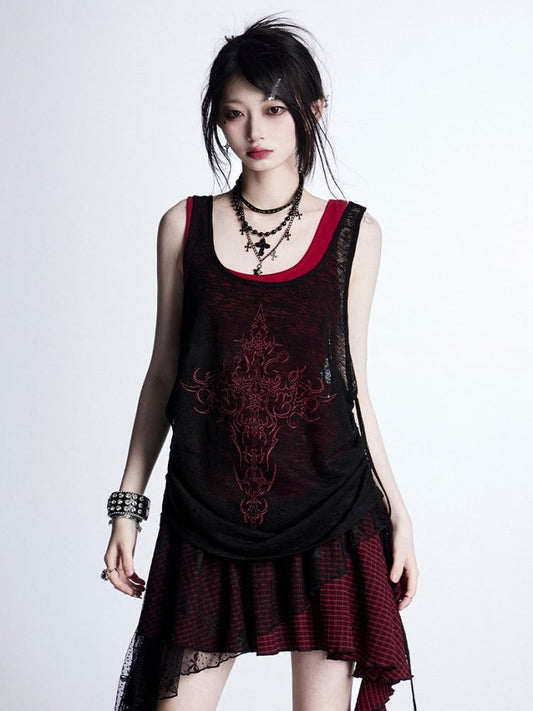 Tank Cross Black Print Red Adjustable with Drawstrings Top Semi-Sheer