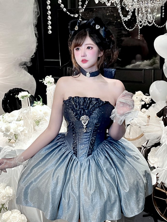 Strapless Dress Gradient Blue Shimmering Birthday Starry Night