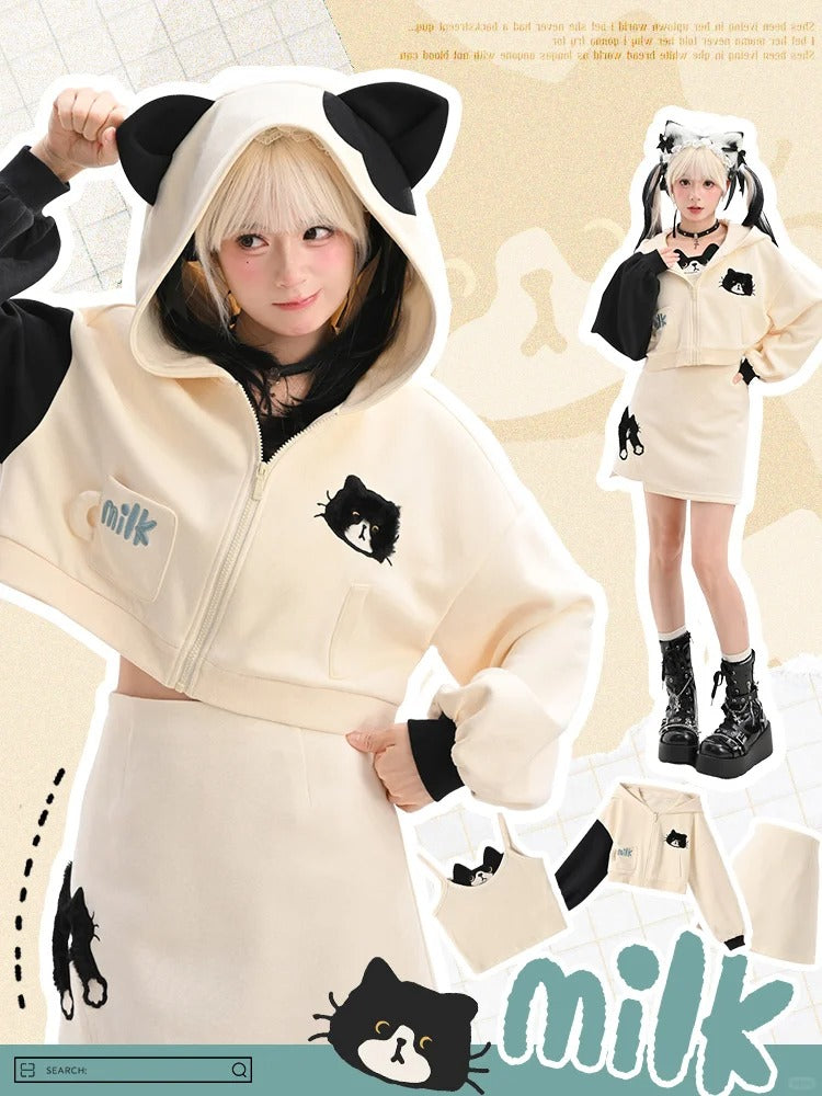 Schwarz-weißer Kapuzenpullover mit Kätzchenohren und Kätzchenmuster, Reißverschluss