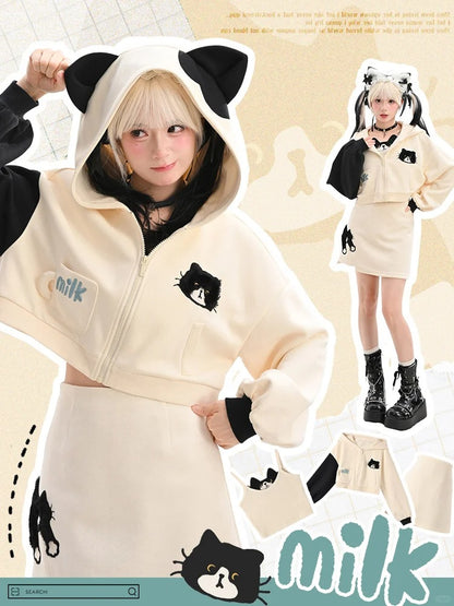 Schwarz-weißer Kapuzenpullover mit Kätzchenohren und Kätzchenmuster, Reißverschluss