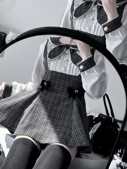 Bowknot Kei Plaid Details Jirai Schwarzes Outfit-Plissee lang + Top Shorts Ärmel Design