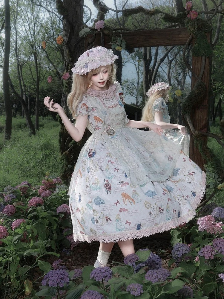 Rose Alice in Wonderland Print Round Neck Sweet Gown with Drawstring Waist - Forest Fairy Tales