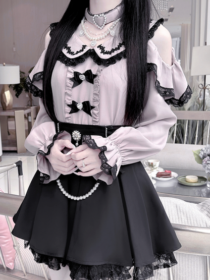 Detachable Design Choker Pink Trim Black Lace Jirai Kei Peter Pan Collar Cutout Shoulder Contrast Blouse with