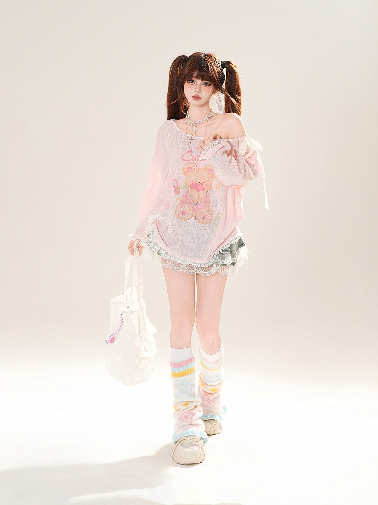 Ausschnitt-Überwurf, schulterfrei, entzückender Bärendruck, Rosa/Weiß, zum Selbstbinden