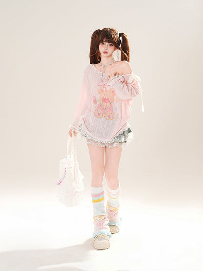 Ausschnitt-Überwurf, schulterfrei, entzückender Bärendruck, Rosa/Weiß, zum Selbstbinden