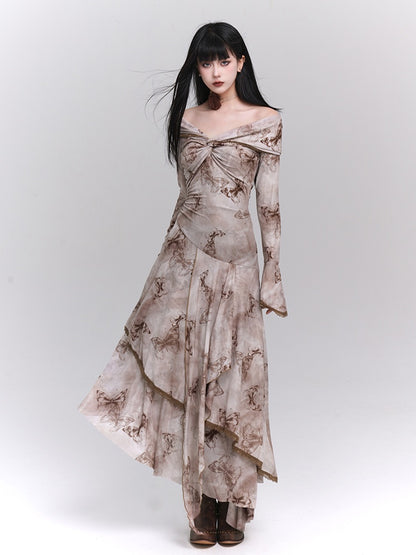 Purple/Dark Gray/Apricot Off-the-Shoulder Butterfly Print Twist Detail Dress