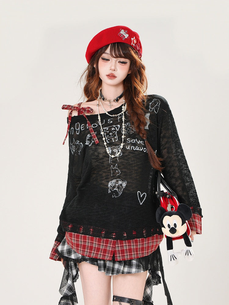 Asymmetrical Neckline Puppy Print Beige/Black Plaid Hem