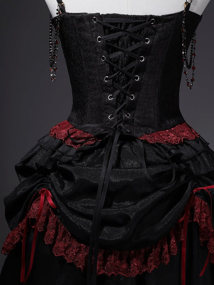 Black Red Gothic Corset Top and Skirt Set with Choker - Xiong Dou Jiang