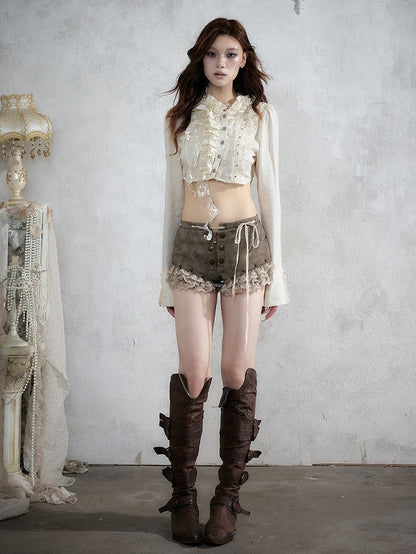 Khaki Faux Leather Shorts with Lace Trimmed Hems - NO ROMANCE