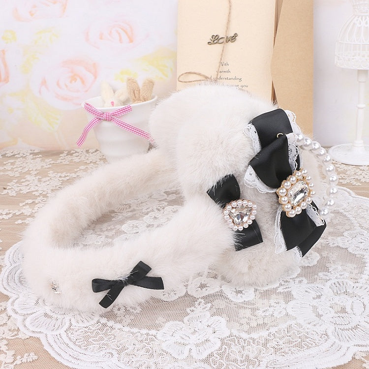 3 Earmuffs Bowknot Plush Options Jirai Rhinestone Pearl Color Kei