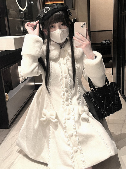 Jirai Kei Schwarz/Weiße Plüschbaskenmütze mit Schleifendetails