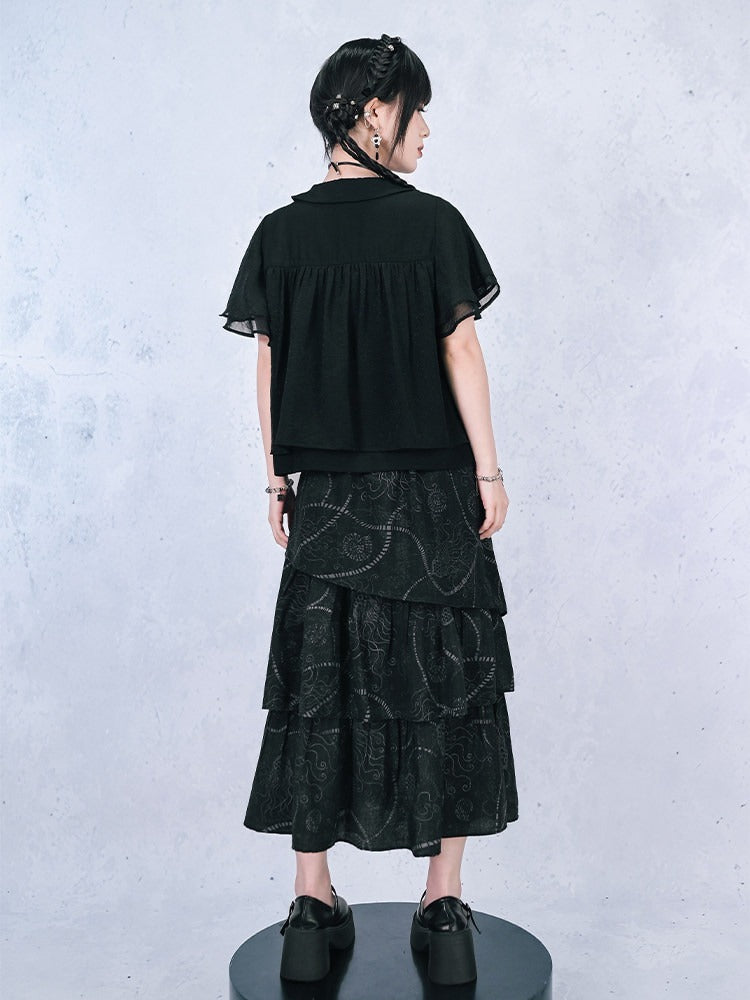 Gothic Black Asymmetrical Three-Tier Skirt with Sea Lily - Quirky Hut