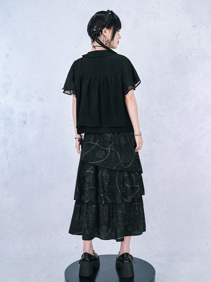Gothic Black Asymmetrical Three-Tier Skirt with Sea Lily - Quirky Hut