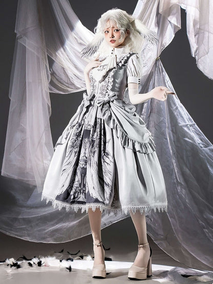 Lolita Bows Gray Detachable Waist with Dress Gothic Reaper at Print Grim Scale and