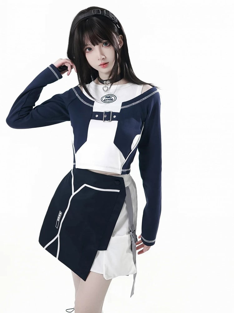 Blue and White Colorblock Shoulder Cutouts Techwear Long Sleeve Top with