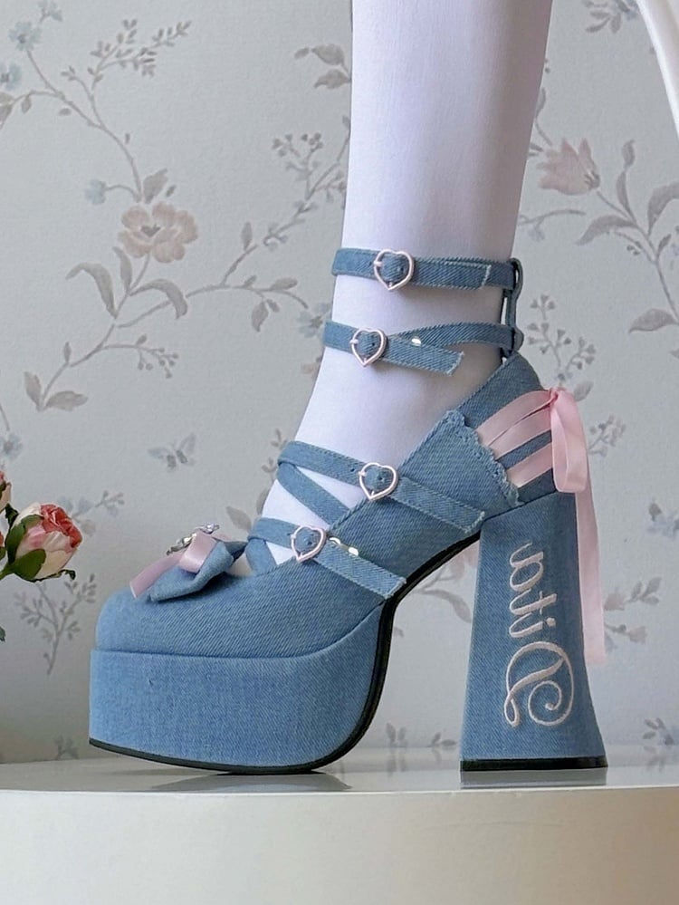Heels Bow Platform Lolita - Design Crisscross Block Blue at High Top Sweet