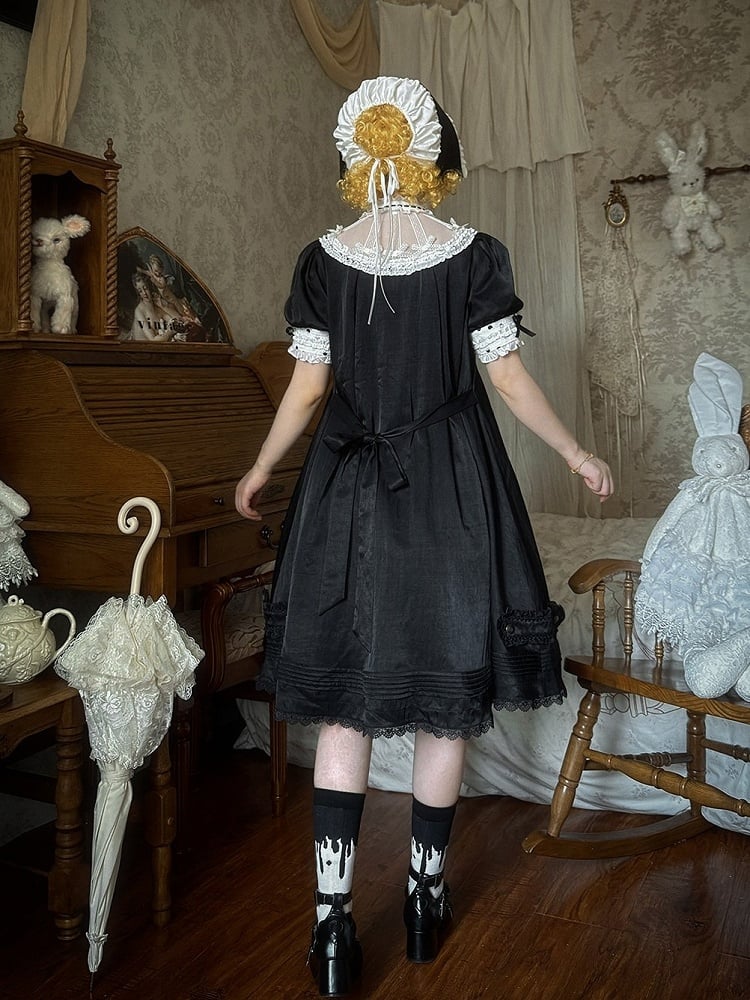 Vintage Gothic Puff Sleeve Lolita Doll Dress with Polka Dot and Lace - Charing Cross