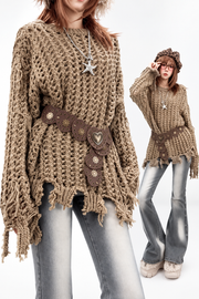 Chunky-knit sweater styled with separately sold belt