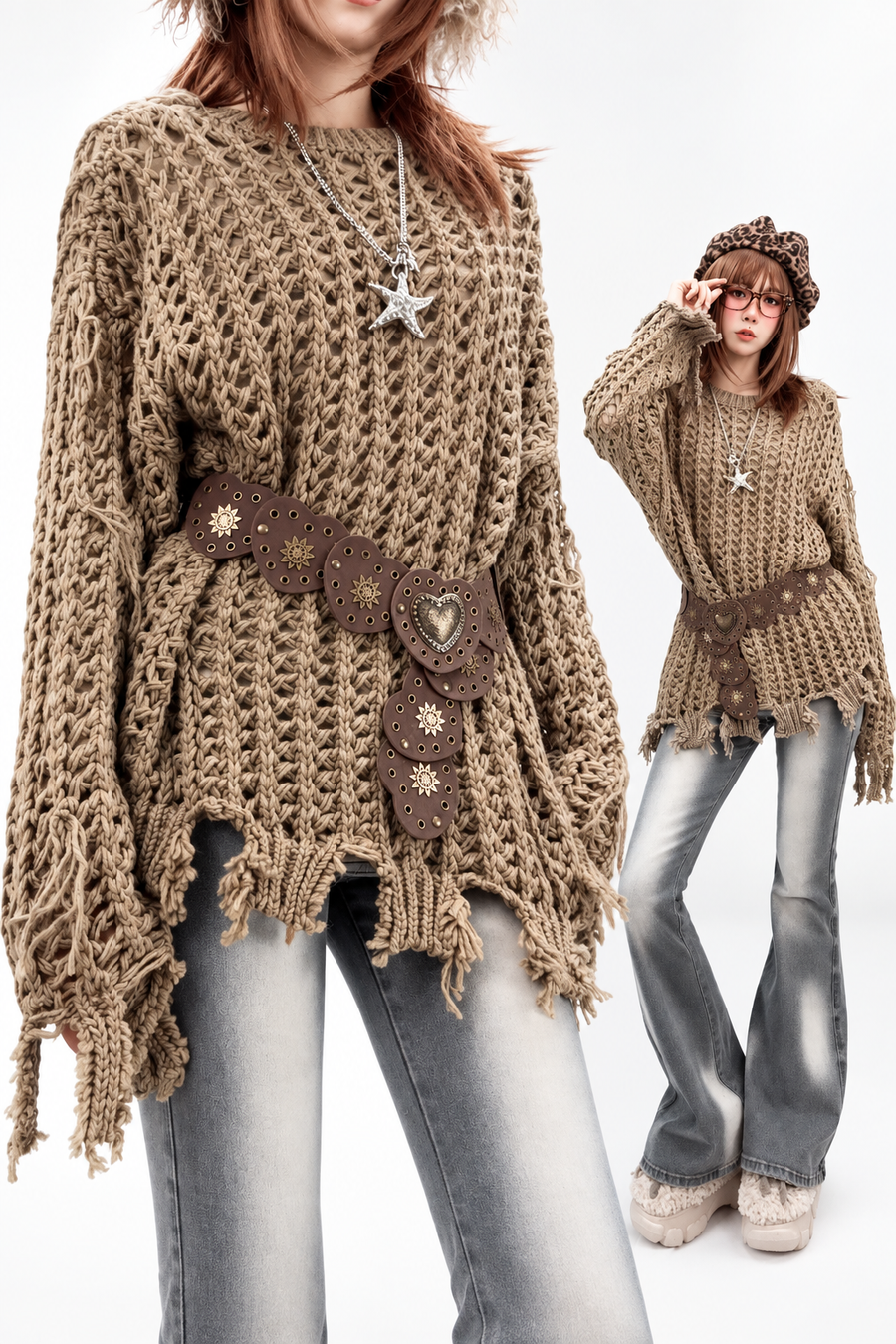 Chunky-knit sweater styled with separately sold belt