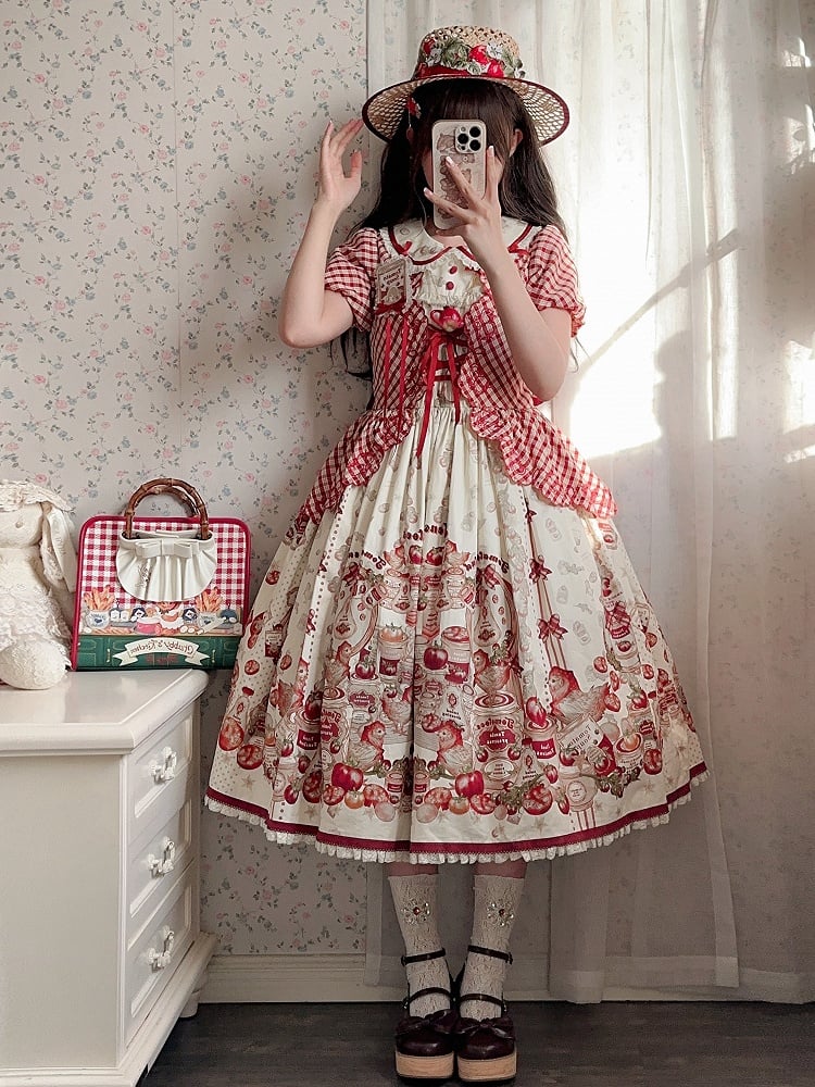 Rotes Country Lolita-Kurzkleid mit karierten Ärmeln und Muster und Aufdruck „Dosentomatoes“