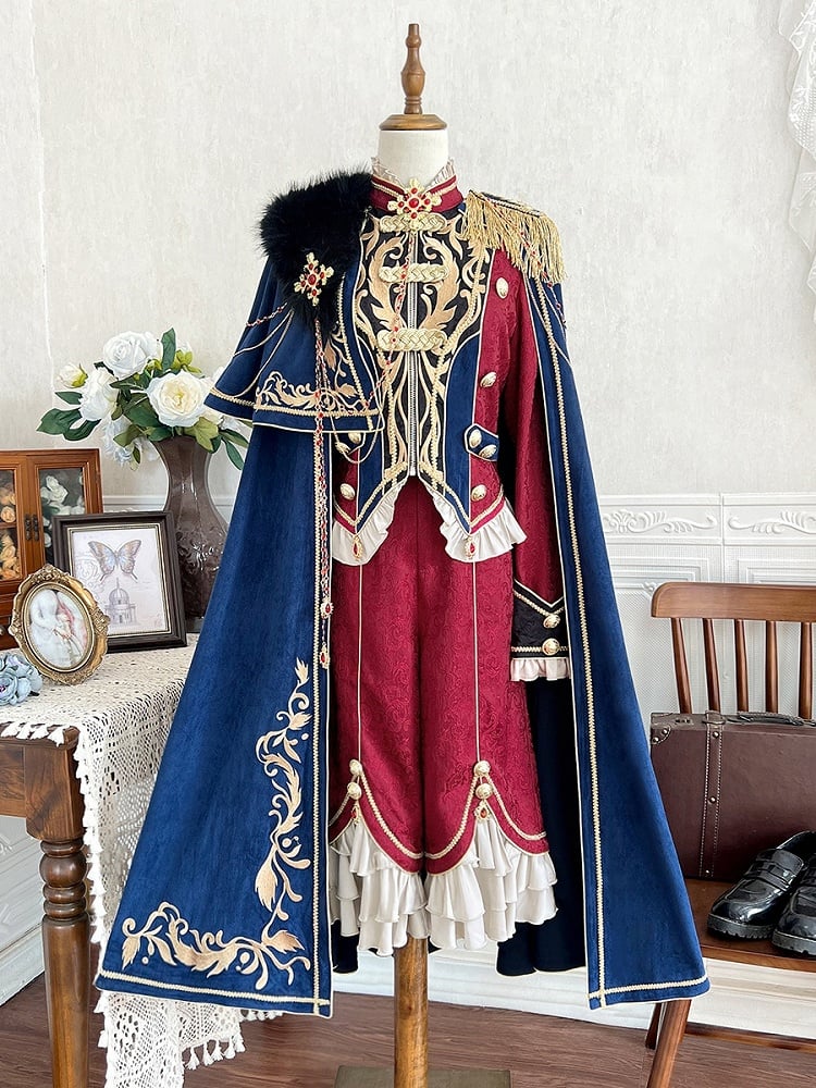 Goldenes Top + Ketten, lang, wunderschöner Stil, Prinzenärmel, blau mit Hose, königlich roter Umhang