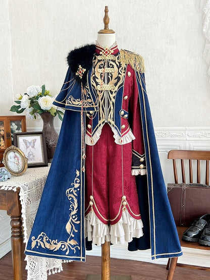 Golden Top + Chains Long Gorgeous Style Prince Sleeves Blue with Pants Royal Red Cape
