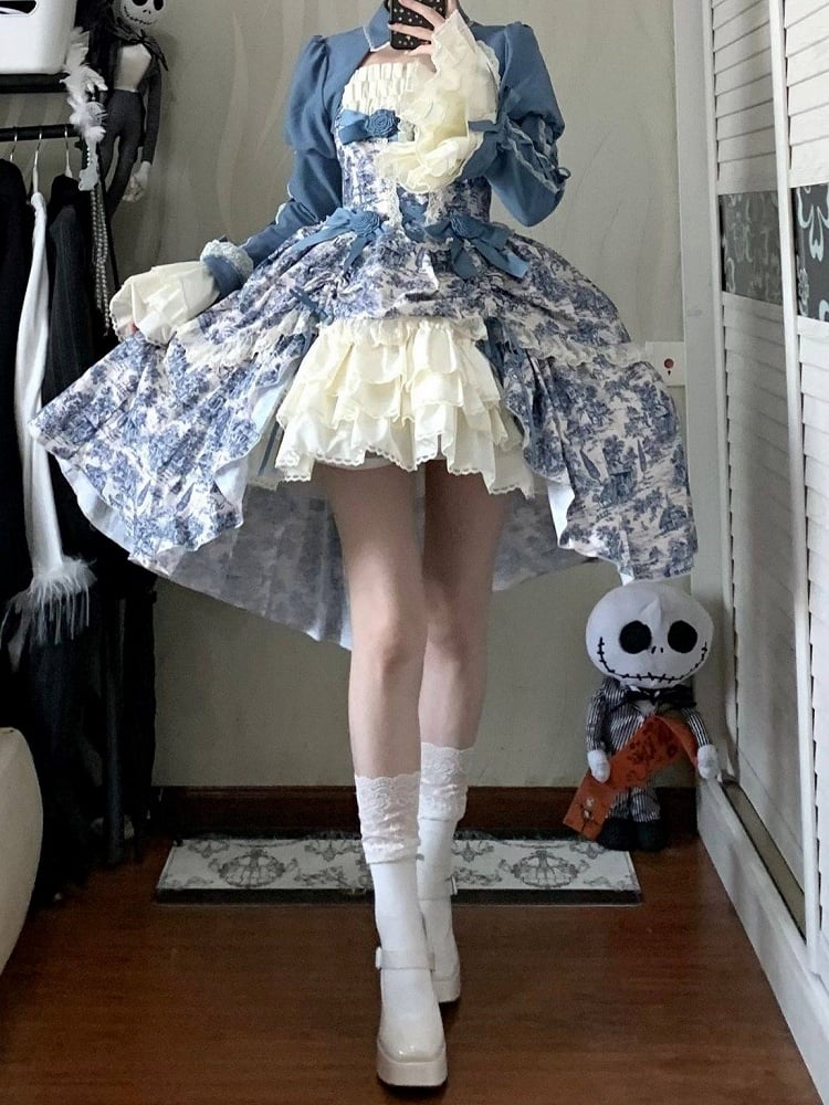 Bow Print Set + Elegant Skirt White Bolero Train High-low Rose Dress Jouy Blue and Accents de with Lolita Classic Toile