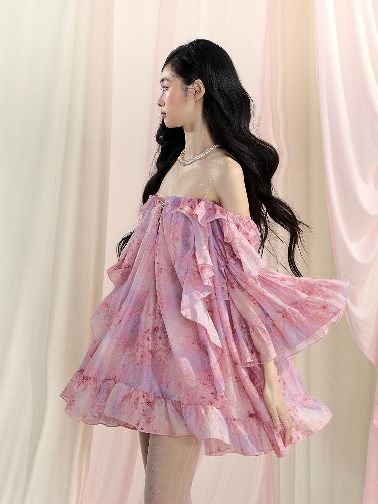 Pink Off-the-Shoulder Bell Sleeves Cascading Ruffle Dress Accents Floral Mini