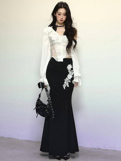 ブラックフローラル刺繍ハイウエストマーメイドスカート