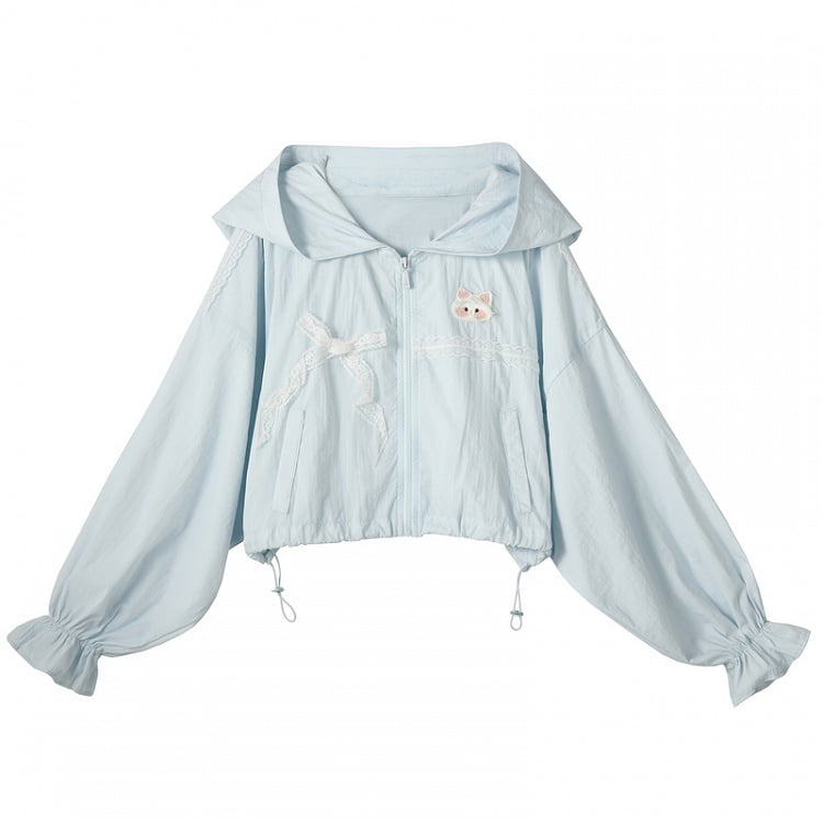 かわいいフード付きレースリボン日焼け防止ジャケットブルー猫耳デザイン夢