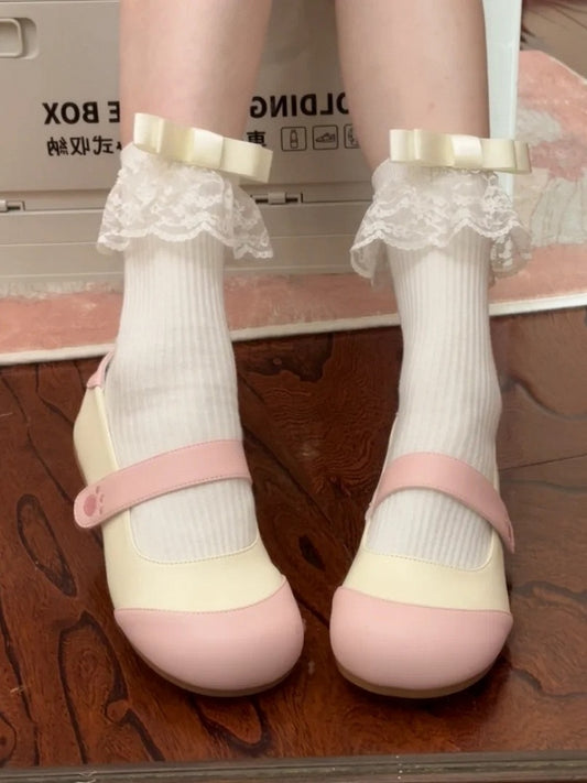 Pink Beige Velcro Flats Strap Paw Round with Toe Embroidery Bear Closures Sweet