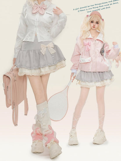 Grey Bowknot Details Tiered Skirt Lace Trim