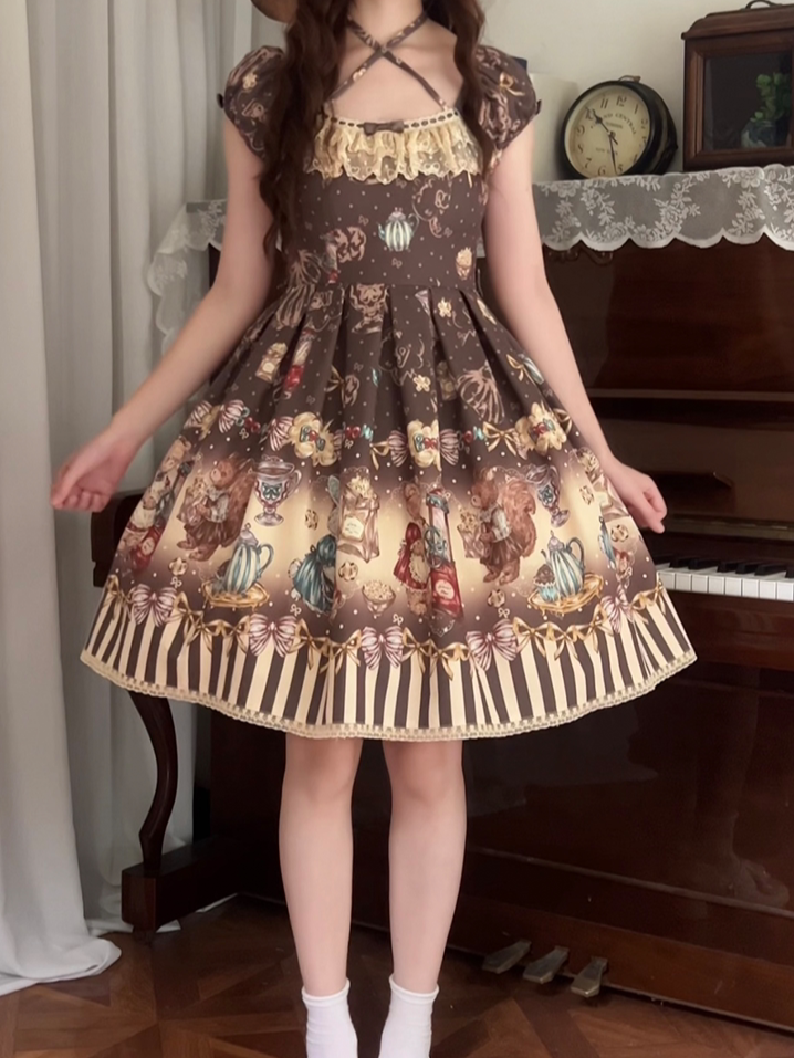 Coffee Brown Halter Lolita OP Dress with Popcorn Bear Print, Long/Short Version - Sweet Dream