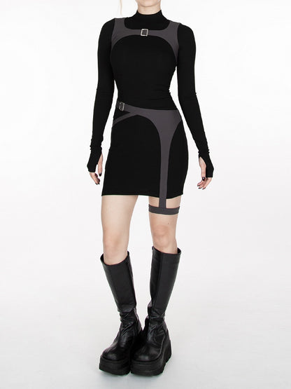 Cyberpunk Futuristisches Kleid mit Schnallenriemen in Schwarz und Grau, Taillengürtel und Harness, All-in-One mit Strumpfband
