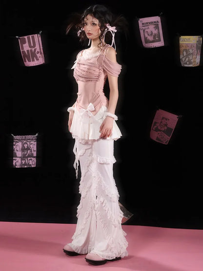 レースフリルパンツ ホワイトバレエコアスカート セルフタイセット +