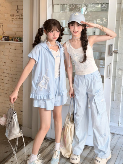 Lockere Hose mit geradem Bein und Taschen, blau, mit Anime-Print, Cargo