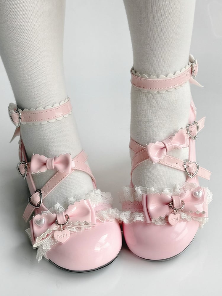 Mary PU Janes Mid-heel Bow Heart with Accents Design Pink - Sweet Lolita Snap
