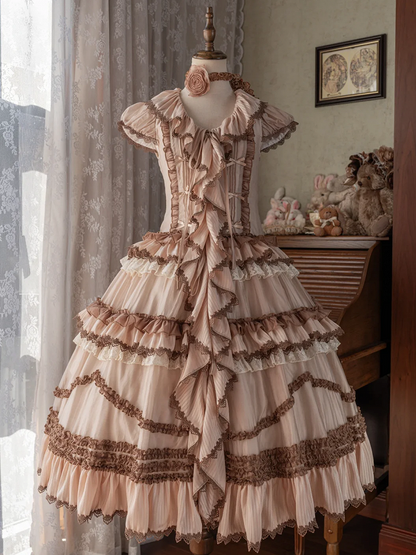 Cascading House Ruffle Front Style Placket Dress Pink Coffee Straps Lolita Self-tie